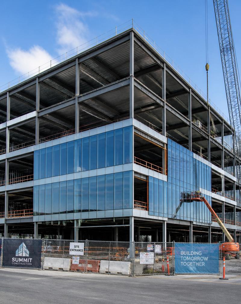 Modern steel framed commercial office building under construction